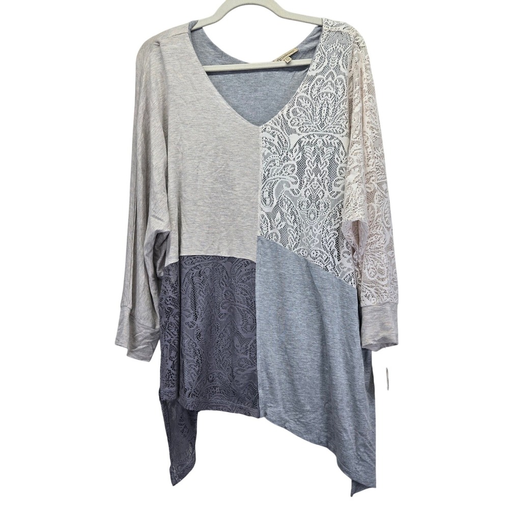 NWT Democracy Womens XL Gray Colorblock Lace‎ Patchwork Tunic Top Flaw Bohemian